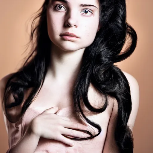 Prompt: an amazing award winning portrait photo of a young woman with black long hair, cinematic masterpiece