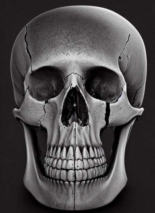 Prompt: a skull melting like oil, photograph, 4 k, black background