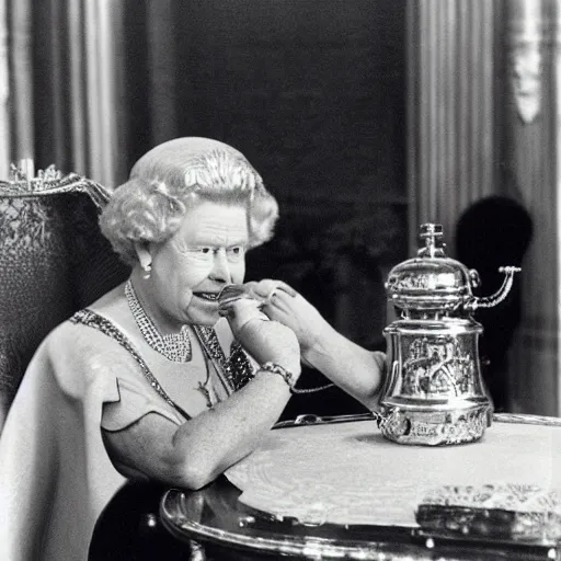 Prompt: Queen Elizabeth using a bong