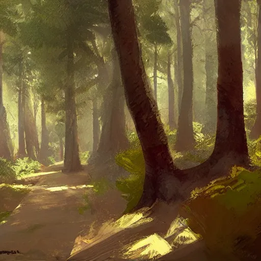 Image similar to Pines forest pathway in Avila. by Craig mullins, Steve Purcell, Ralph McQuarrie. Trending on artstation. Centered image, no background