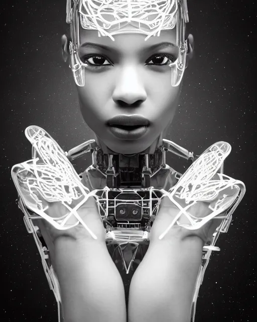 Image similar to beautiful centered fine art photo portrait of beautiful black girl with white solarpunk mecha humanoid head parts with led lights, sensual pose gesture, white background, ultra - realistic and intricate, soft box lighting, shallow depth of field hdr 8 k