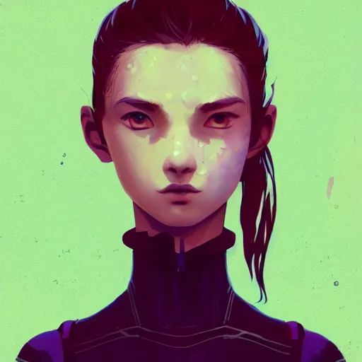 Image similar to Highly detailed portrait of a cyberpunk young lady with, freckles and wavy hair by Atey Ghailan, by Loish, by Bryan Lee O'Malley, by Cliff Chiang, by Greg Rutkowski, inspired by image comics, inspired by graphic novel cover art, inspired by nier!! Gradient color scheme ((grafitti tag brick wall background)), trending on artstation