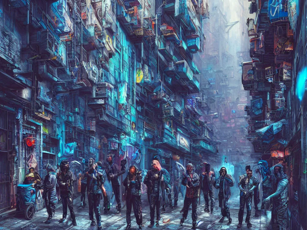 Prompt: hyperrealistic matte painting of a cyberpunk gang in an alleyway between buildings, graffiti, fine detail, intricate, polished, smooth, ultradetailed, blue color scheme, digital art, illustration, impressionist, by john smith and george luks