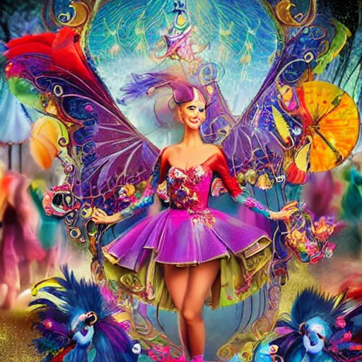 Image similar to an intricately decorated, colorful, mysterious, beautiful carnival hosted by fairies, realistic fantasy illustration