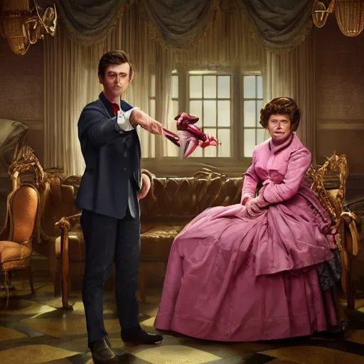 Image similar to david tennant and imelda staunton as dolores umbridge in pink clothes with the tenth doctor who, highly detailed, artstation, concept art, smooth, sharp focus, illustration, perfect face, art by willem claesz. heda, nikolay makovsky, jacek malczewski, arthur hughes, edward okun, franz xaver winterhalter