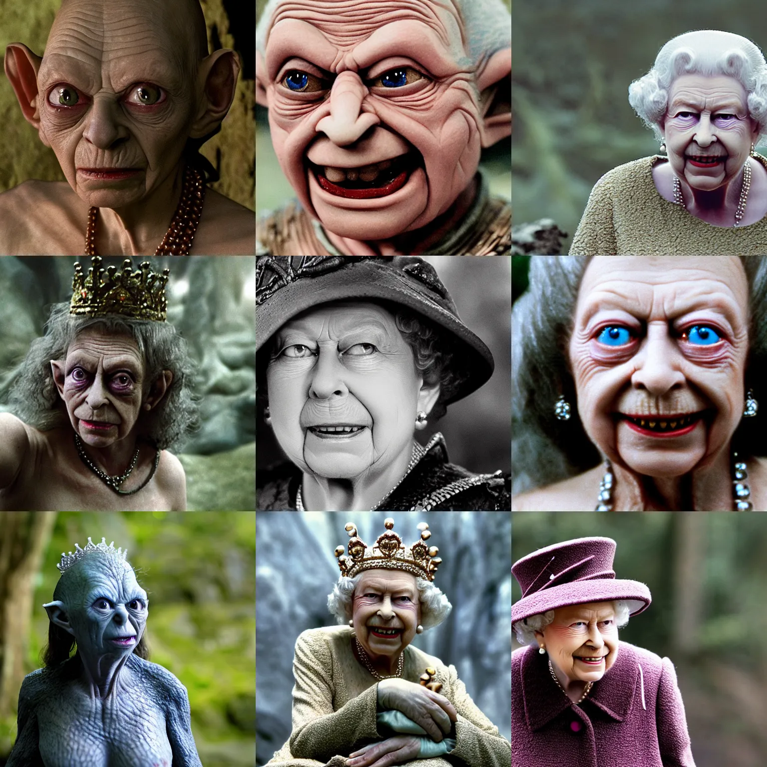 Prompt: Queen Elizabeth as Gollum, still image from lord of the rings, depth of field, bokeh