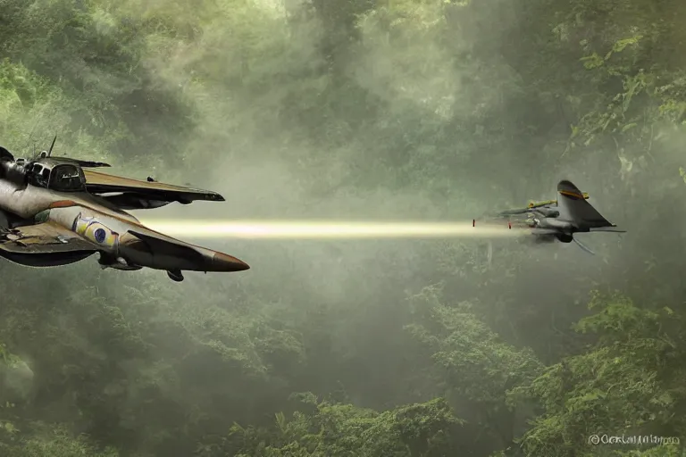 Prompt: dieselpunk digital illustration of a rocket fighter breaking the sound barrier low across a tropical rainforest