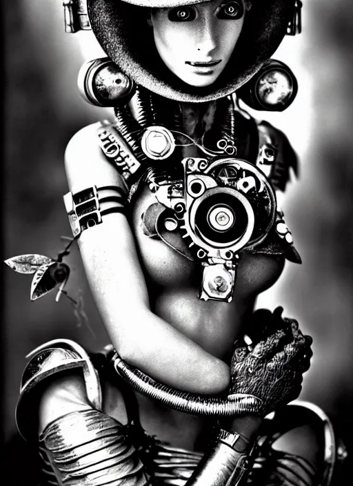 Prompt: photography of beautyful female android steampunk by sebastiao salgado,