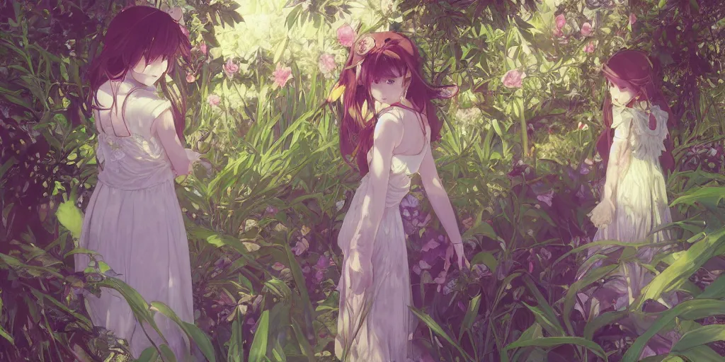 Image similar to a digital art of a loli with long hair in a dress in the privet garden at after noon, green and warm theme, back lighting, by krenz cushart and mucha and akihito yoshida and greg rutkowski and makoto shinkai, extremely long shot, detailed eyes, 4 k resolution, highly detailed, trending on art station