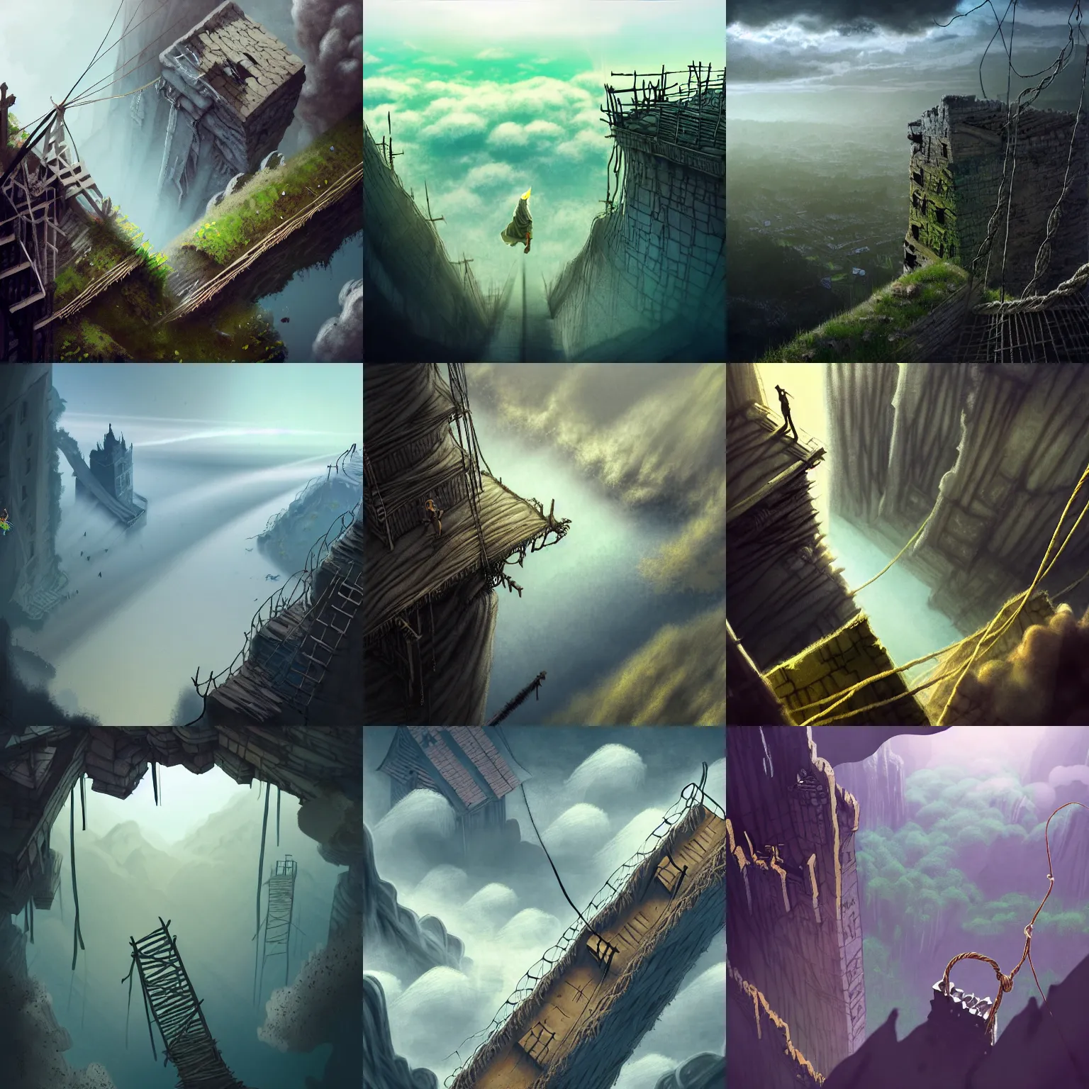 Prompt: high fantasy, ico, looking down from above, vertigo, bottomless void, jack and the bean stalk, tall cylindrical towers of ancient crumbling masonry, scaffolding, cracks, rubble, makeshift houses, cloth banners, long swing bridges!!, rope bridge, distance, rise above clouds, illustration by ruan jia, cold color palate, bloom, dramatic lighting