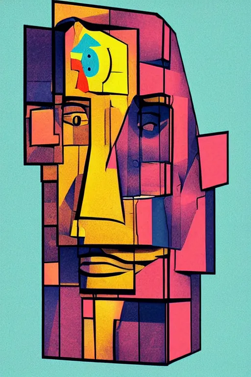 Image similar to cubist moai statue cutout digital illustration cartoon colorful beeple