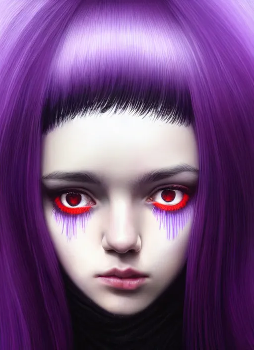 Image similar to hair blackbangs hair, white hair, blackbangswhitehair, portrait of teenage girl with black bangs, red irises, purple clothes, black bangs, bangs are white hair is black, intricate, elegant, glowing lights, highly detailed, digital painting, artstation, concept art, sharp focus, illustration, art by wlop, mars ravelo and greg rutkowski