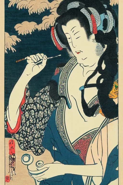 Prompt: a goddess with headphones enjoying music and smoking a cigarette, in a silent disco rave, by katsushika hokusai, by ralph steadman, storybook illustration, cool color palette, in a symbolic and meaningful style, single figure