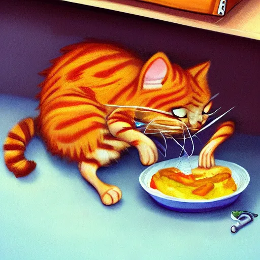 Image similar to Garfield the cat creepily raiding the fridge for lasagna at nine in the morning hyper realistic ultra realistic rtx trending on art station