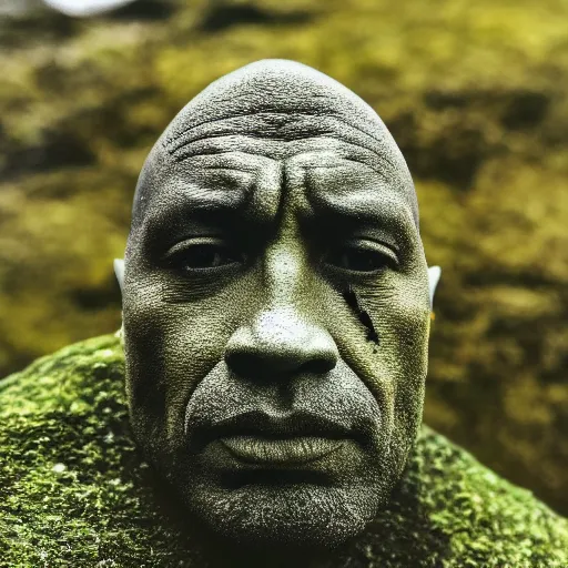 Prompt: a grey mossy rock with the face of dwayne johnson, shot on iphone 1