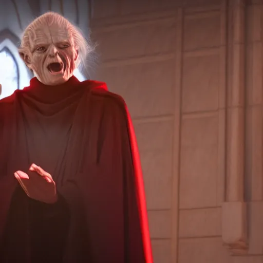 Image similar to emperor palpatine preaching to people at church, 8k cinematic lighting, very sharp detail, anatomically correct