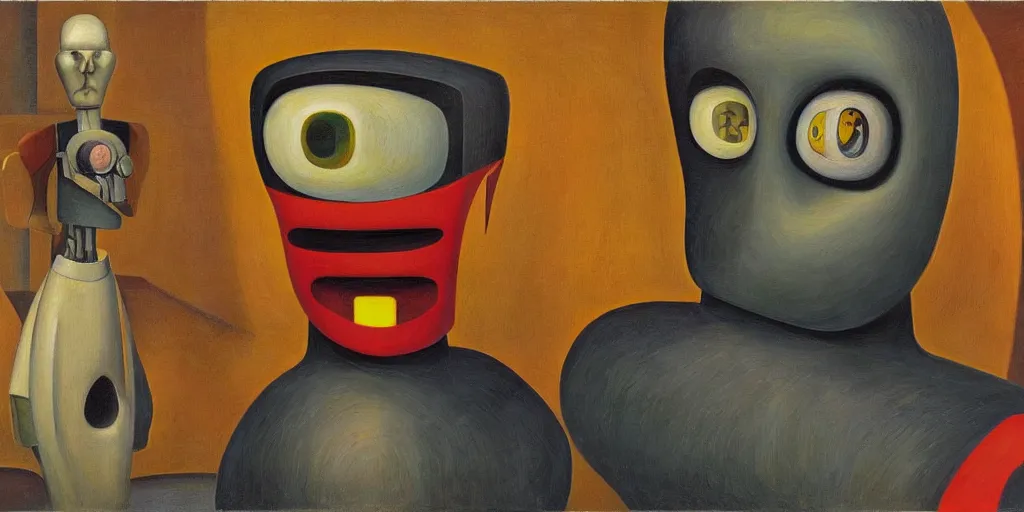 Image similar to super - intelligent robot with kind eyes portrait, lowbrow, pj crook, grant wood, edward hopper, oil on canvas