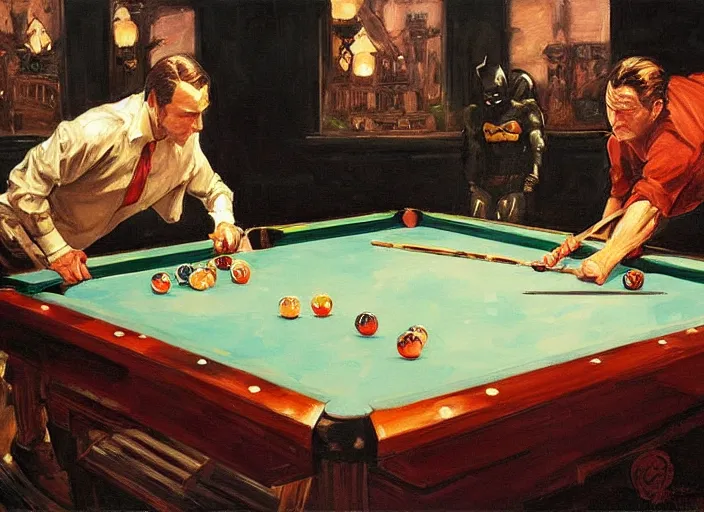 Image similar to a highly detailed beautiful portrait of batman playing pool, by gregory manchess, james gurney, james jean