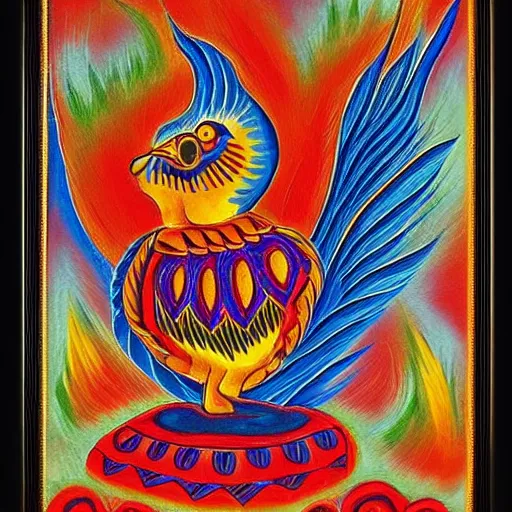 Image similar to a bird rising above the flames, mexican folk art, framed art, intricate abstract, award winning