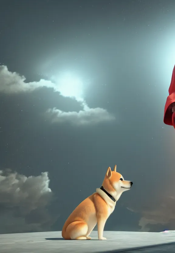 Image similar to a portrait of a shiba inu wearing a robe in heaven, circular, glowing, circle, unreal engine, octane render, artstation, digital art.