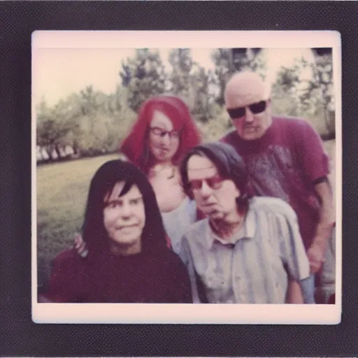 Prompt: found polaroid of bizarre trash humpers