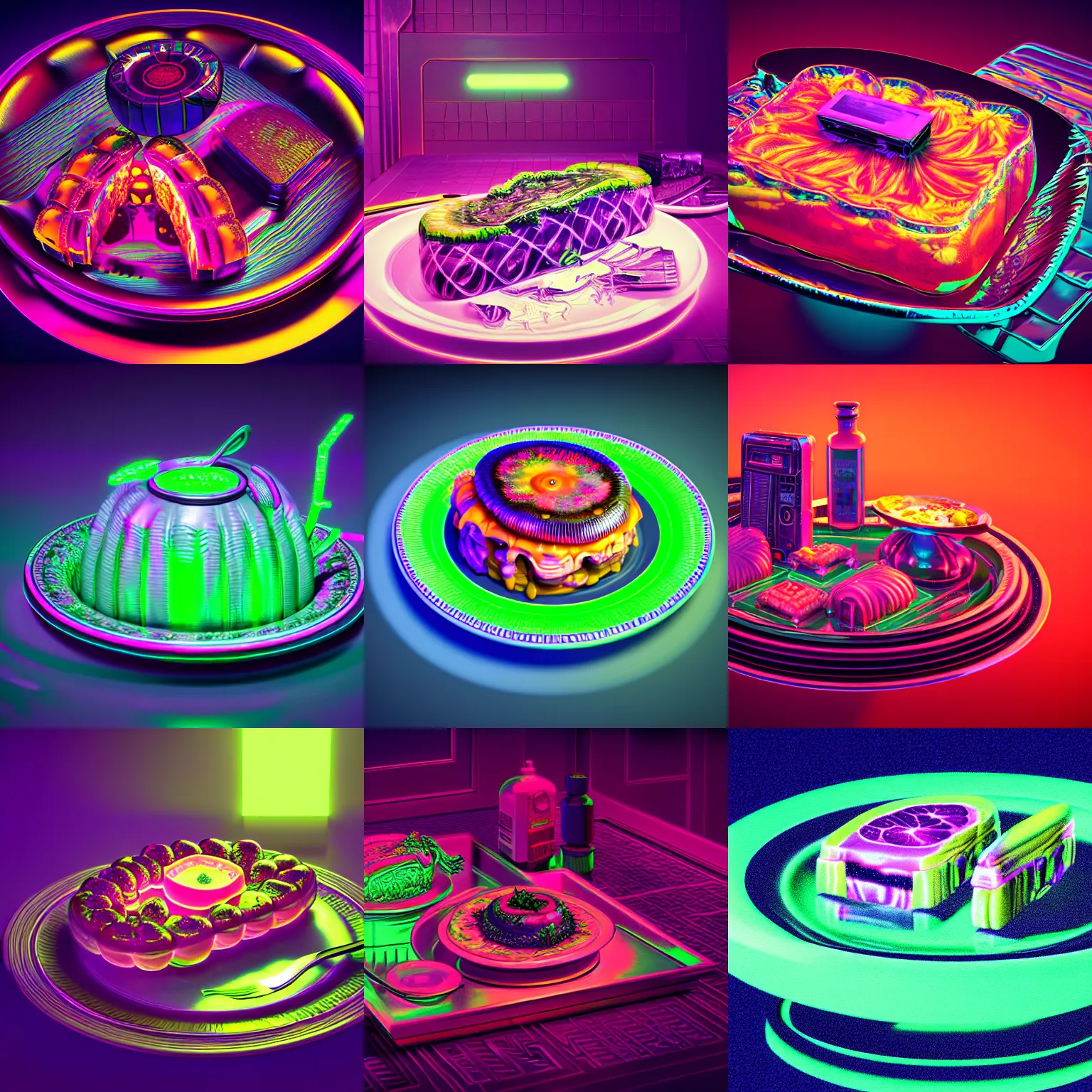 Prompt: ultradetailed still - life aspic on plate insanely detailed, octane render cyberpunk, neon, vaporwave scary, alluring