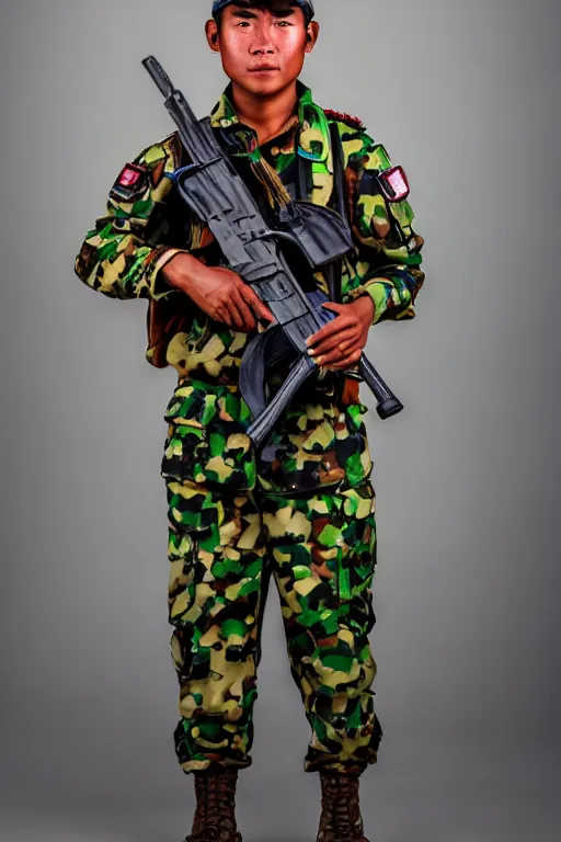 Image similar to a full body photograpah of a burmese rebel soldier, close up photography, f / 2 0, 3 5 mm, 4 k, 8 k, studio lighting, award winning photography