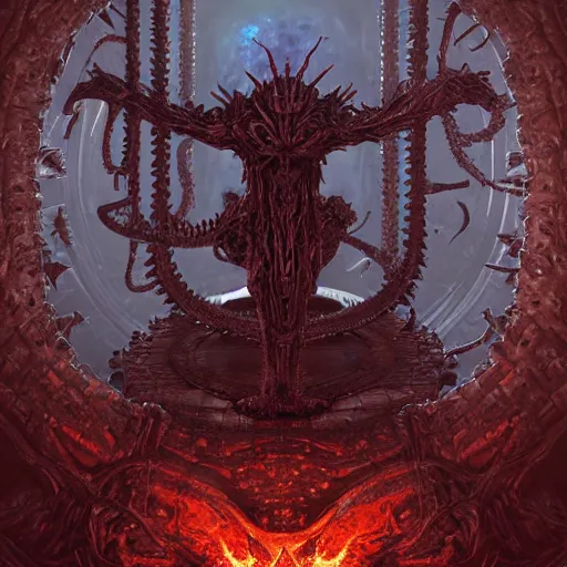 Image similar to hyperreal demonic lovecraftian hellraiser biomechanical cenobite, black void, eclipse by wayne barlowe, alan lee, giger, brian froud, lisa frank, luis royo, beksinksi, and alex grey, rendered in octane and unreal engine 5, trending on cgsociety, in the style of doom, warhammer 4 0 k, dead space, halo