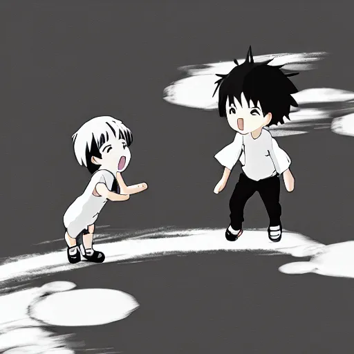 Image similar to black and white toddlers playing. anime style, environmental art animation background, studio ghibli, makoto shinkai