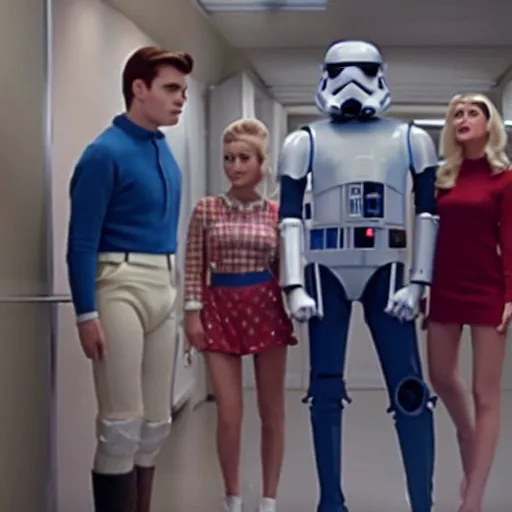 Prompt: Archie Andrews, Betty Cooper, Veronica Lodge and R2-D2 in a futuristic hallway, movie still from Star Wars
