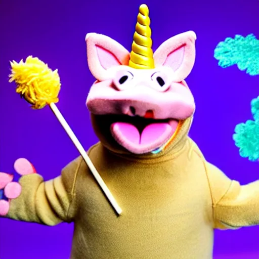 Prompt: studio photograph of a flying smiling pig with unicorn horn depicted as a muppet