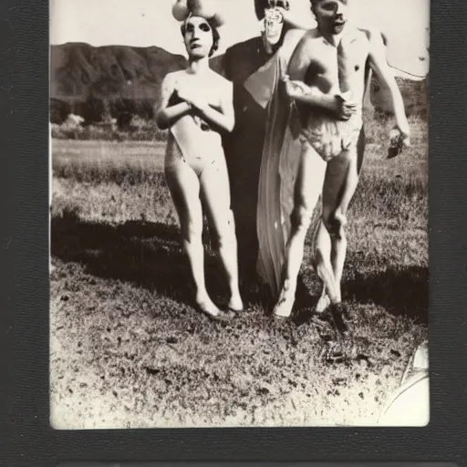 Prompt: polaroid photograph of horrorific extraterrestrial beings visiting earth, 1 9 5 0