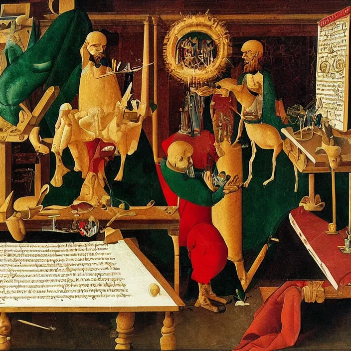 Image similar to obituary for an alchemist. painting by uccello paolo
