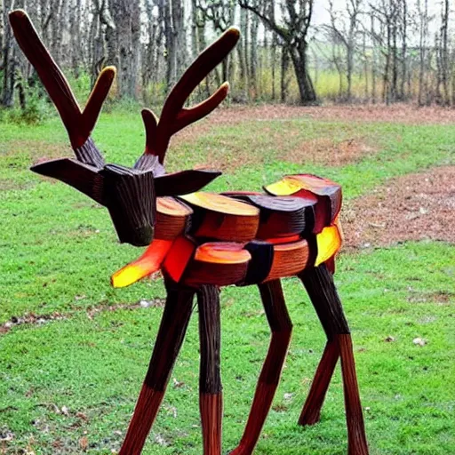 Image similar to A carnivorous deer sculpture made entirely from roadside traffic barrels