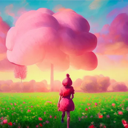 Prompt: giant rose as a head, girl walking in a flower field, surreal photography, sunrise dramatic light, impressionist painting, colorful clouds, digital painting, artstation, simon stalenhag