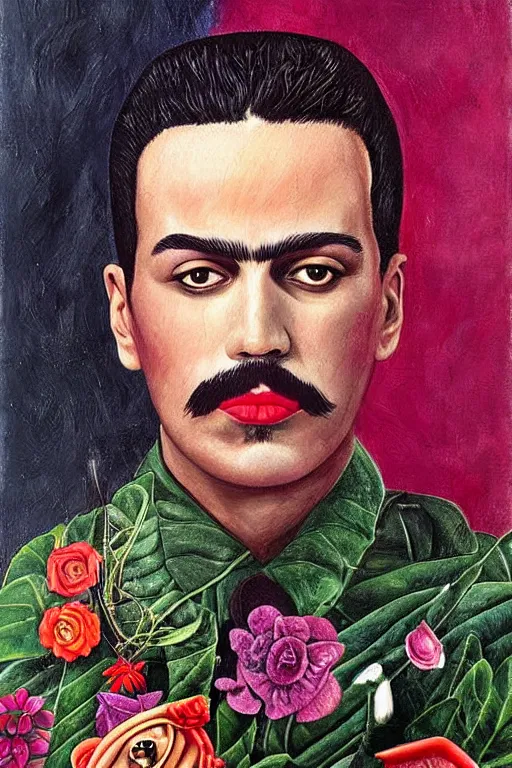 Image similar to Freddy mercury in Frida Kahlo painting style