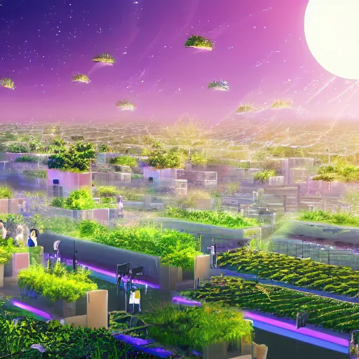 Image similar to 4k anime wallpaper of a future solarpunk city, vertical farming on walls, solar on roof, vegetation everywhere