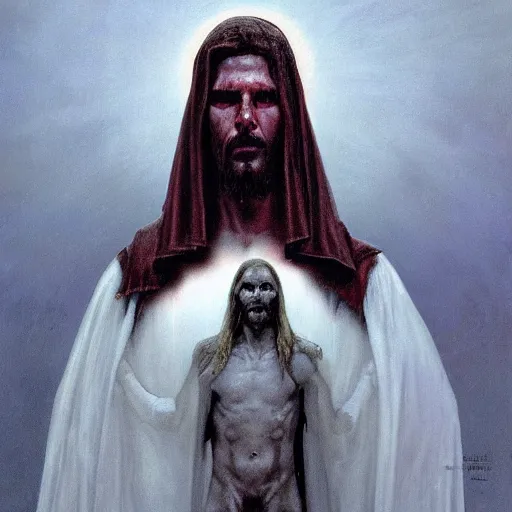 Image similar to portrait of Tom Cruise as demonic Jesus Christ in hood and crown of thorns, dark fantasy, Warhammer, artstation painted by Zdislav Beksinski and Wayne Barlowe