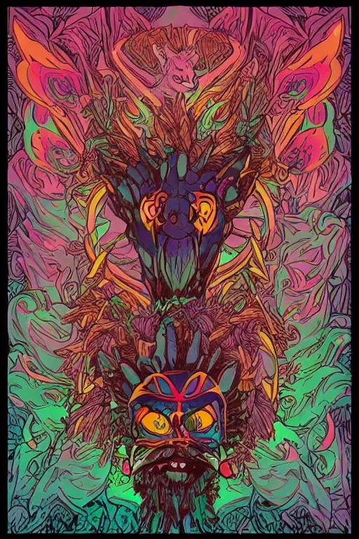 Image similar to animal mask totem roots flower tribal feather gemstone plant wood rock shaman vodoo video game vector cutout illustration vivid multicolor borderlands comics by josan gonzales and dan mumford radiating a glowing aura