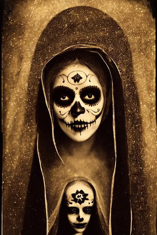 Image similar to photogravure, tintype virgin mary in dia de muertos dress and make up, horrific beautiful vibe, evocative, atmospheric lighting, painted, intricate, highly detailed, leesha hannigan, wayne haag, reyna rochin, ignacio fernandez rios, mark ryden, iris van herpen, stunning, gorgeous, sharp focus, cinematic, masterpiece