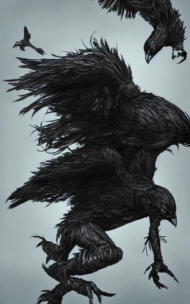 Image similar to mutant hybrid between human and crow, dynamic composition, dramatic lighting, hyperrealistic, ultra detailed