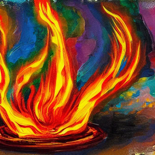Prompt: artists rendition of a holy bond made in fire before the temple of god, oil paint, bright colors, sharp focus, thick paint, thick brush