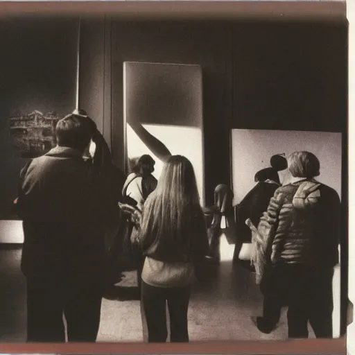 Image similar to visitors in museum looking at bosch and dali sculptures, 9 0 - s, polaroid photo, by warhol,