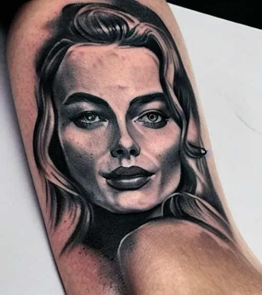 Image similar to tattoo design sketch of margot robbie and beautiful mountain scenery mash up, in the style of varo tattooer, surrealist, amazing detail, sharp