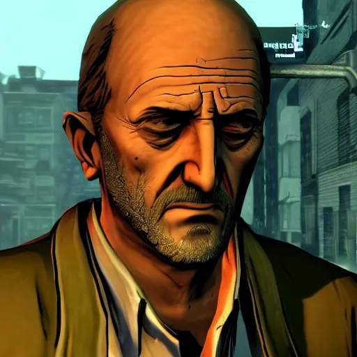 Prompt: Mike Ehrmantraut in the wolf among us, ultra realistic, highly detailed, 4K, 2 colored lighting. extremely interesting