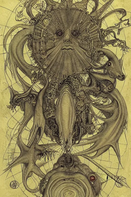 Image similar to occult diagram of happy fish in the style of wayne barlowe, gustav moreau, goward,  Gaston Bussiere and roberto ferri, santiago caruso, and austin osman spare