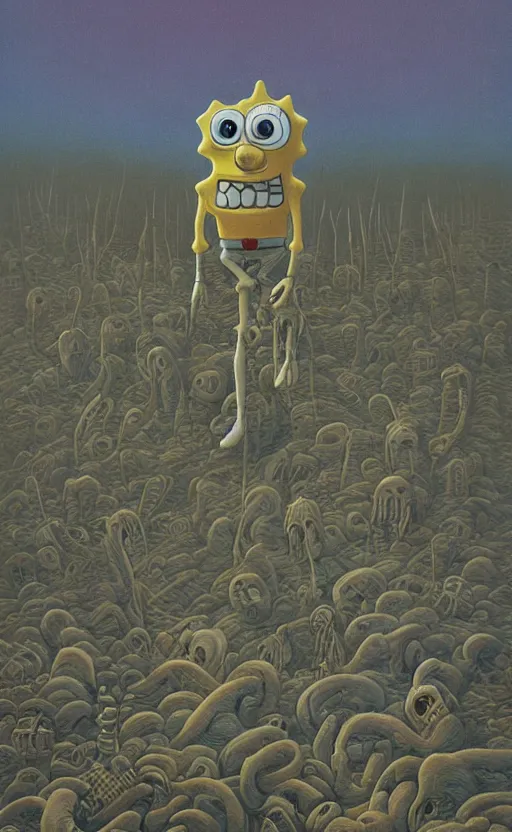 Image similar to spongebob squarepants in style of zdzisław beksinski, standing in wasteland, horror art, creepy, desolate