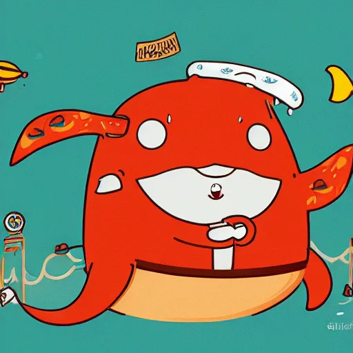 Image similar to an illustration of a happy whale man by richard scarry