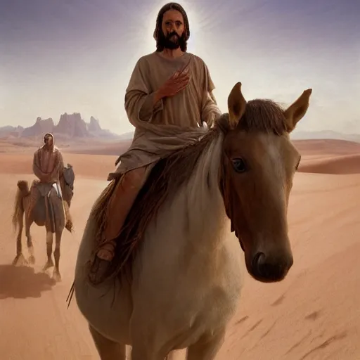 Prompt: jesus christ, riding a horse in the desert, oil paint by alyssa monks, greg rutkowski, cinematic, canon