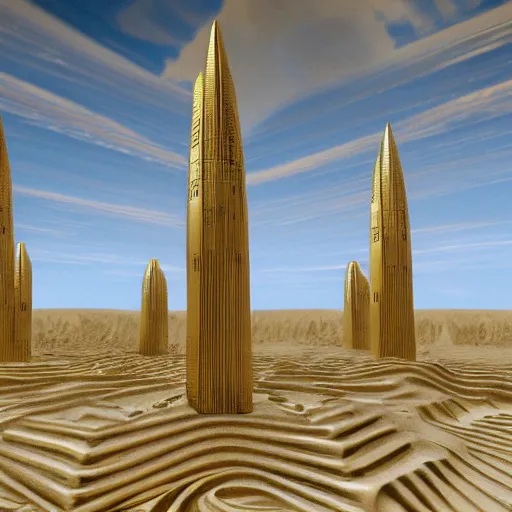 Prompt: cover concept art of the lost sand city, levitating sand, golden towers, golden pillars, palm trees, space and time, floating objects, post-processing, in the style of Hugh Ferriss, Behance, Artgerm. High detail, ultra realistic render, octane, 3D, photorealism, symmetric, cinematic
